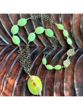 Citrus Green Malaysian Jade Brass Necklace Leaf Clasp Mixed Media Pendant